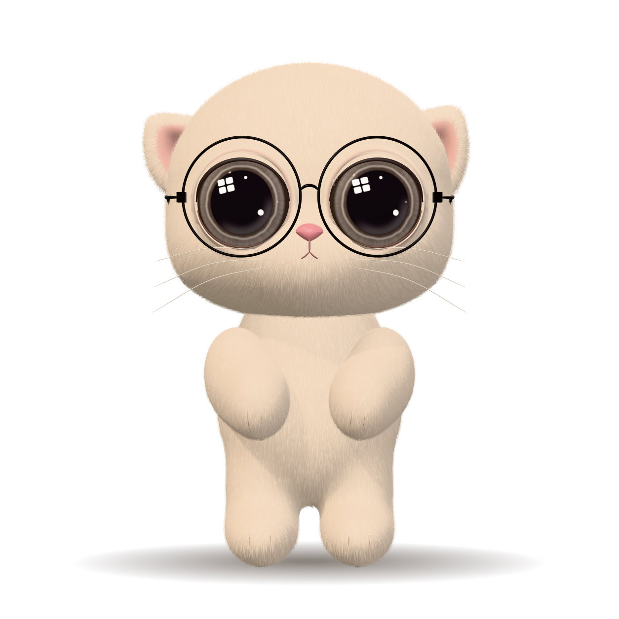 PAWS: a cream plush kitten with big glossy eyes behind round wire glasses, standing with his front paws raised